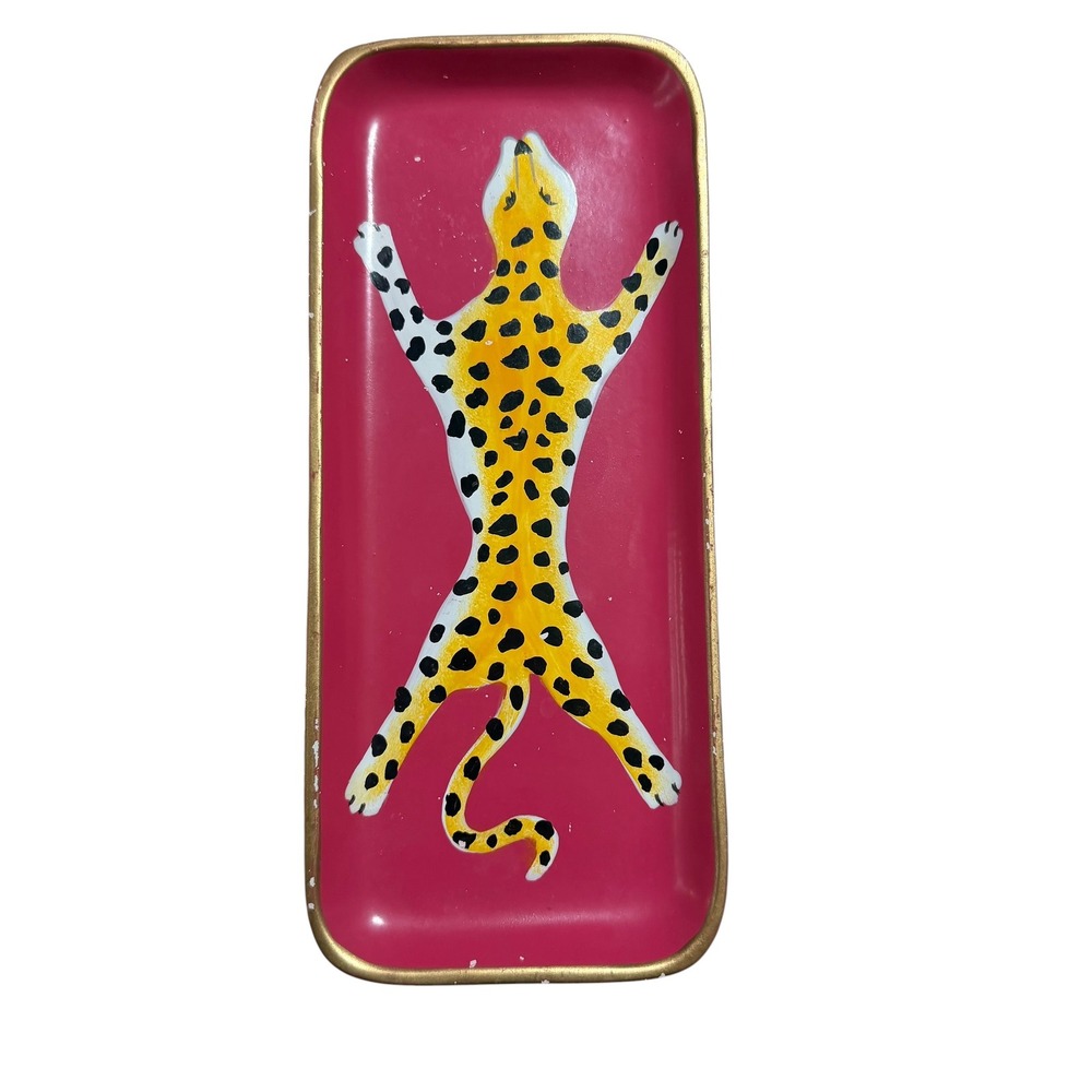Dana Gibson Pink Leopard Trinket Tray Ceramic Gold Rim Rectangular Catchall 10in